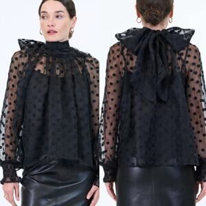 NWT Hunter Bell Camilla Smocked Cuffs High Neck Long Sleeve Top Black Size:Small